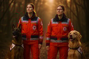 Zwei Rettungshundeführerinnen des Deutschen Roten Kreuzes mit ihren ausgebildeten Hunden bei einem Sucheinsatz im Wald – symbolisch für ehrenamtliches Engagement und Lebensrettung.
