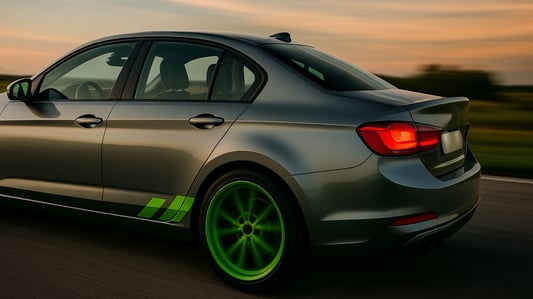 Weiße Limousine mit grünen Felgen und dezenten grünen Zierstreifen auf der Straße bei Sonnenuntergang – Beispiel für erlaubte Modifikationen bei Leasingfahrzeugen.