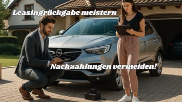 Junges Paar überprüft Opel Grandland vor der Leasingrückgabe mit Checkliste und Selbstcheck-Tools auf einer Einfahrt.