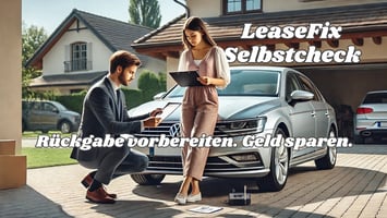 Junge Frau und Geschäftsmann führen gemeinsam den LeaseFix Selbstcheck an einem VW Passat durch – clevere Vorbereitung auf die Leasingrückgabe mit Dellenprüfung und Maßbandkarte.